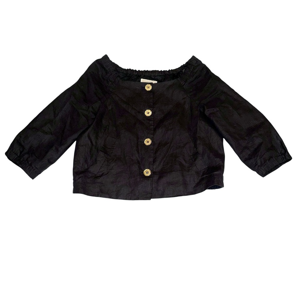 Michael Michael Kors Black Linen Cropped Button Front Top Size 10 - Picture 2 of 6